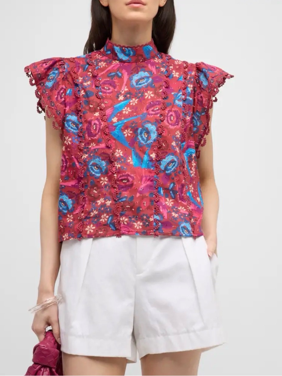 Farm Rio- Size S- Floral Birds Embellished Ruffle-Sleeve Blouse